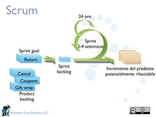 Scrum                                   24 ore




                                            Sprint
                                        2-4 settimane
      Sprint goal
         Return
                               Sprint                   Incremento del prodotto
    Cancel                    backlog                   potenzialmente rilasciabile
     Coupons
   Gift wrap
     Product
     backlog

Mountain Goat Software, LLC
 