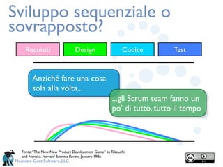 Sviluppo sequenziale o
sovrapposto?
     Requisiti                  Design                    Codice        Test



        Anziché fare una cosa
        sola alla volta...
                                                     ...gli Scrum team fanno un
                                                     po’ di tutto, tutto il tempo




   Fonte: “The New New Product Development Game” by Takeuchi
   and Nonaka. Harvard Business Review, January 1986.
Mountain Goat Software, LLC
 