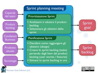 Sprint planning meeting
 Capacità
 del team                 Prioritizzazione Sprint

                         • Analizzare e valutare il product      Sprint
 Product                     backlog
 backlog                 •   Selezionare gli obiettivi dello      goal
                             sprint
Condizioni
                          Pianiﬁcazione Sprint
 Business
                         • Decidere come raggiungere gli
Prodotto                     obiettivi (design)                   Sprint
 attuale                 •   Creare lo sprint backlog (tasks)
                             partendo dagli Item del product     backlog
                             backlog (user stories / features)
Tecnologia               •   Stimare lo sprint backlog in ore


  Mountain Goat Software, LLC
 