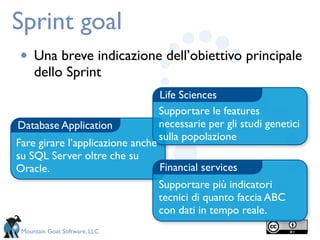 Sprint goal
• Una breve indicazione dell’obiettivo principale
     dello Sprint
                                Life Sciences
                                Supportare le features
Database Application            necessarie per gli studi genetici
                                sulla popolazione
Fare girare l’applicazione anche
su SQL Server oltre che su
Oracle.                          Financial services
                                 Supportare più indicatori
                                 tecnici di quanto faccia ABC
                                 con dati in tempo reale.
 Mountain Goat Software, LLC
 