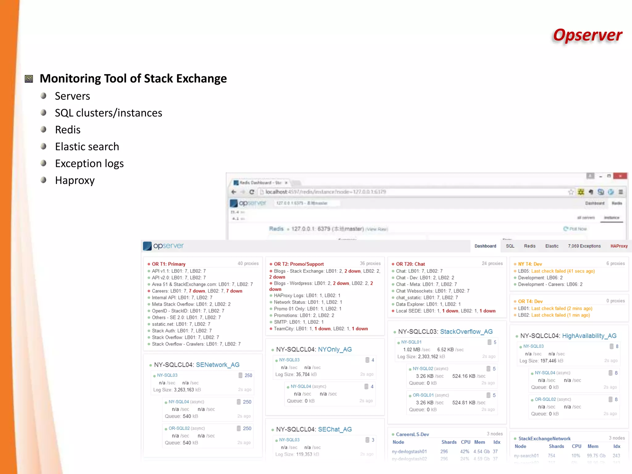 Opserver
Monitoring Tool of Stack Exchange
Servers
SQL clusters/instances
Redis
Elastic search
Exception logs
Haproxy
 