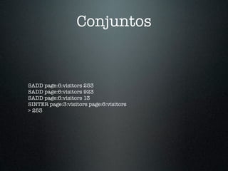 Conjuntos


SADD page:6:visitors 253
SADD page:6:visitors 923
SADD page:6:visitors 13
SINTER page:3:visitors page:6:visitors
> 253
 