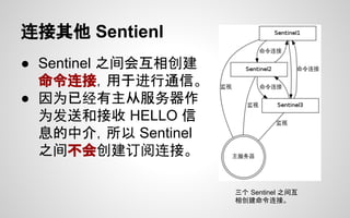 连接其他 Sentienl
● Sentinel 之间会互相创建
命令连接，用于进行通信。
● 因为已经有主从服务器作
为发送和接收 HELLO 信
息的中介，所以 Sentinel
之间不会创建订阅连接。
三个 Sentinel 之间互
相创建命令连接。
 