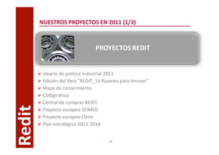 NUESTROS PROYECTOS EN 2011 (1/3)



                                 PROYECTOS REDIT


         Ideario de política industrial 2011
         Edición del libro “REDIT_14 Razones para innovar”
         Mapa de conocimiento
         Código ético
         Central de compras REDIT
Redit



         Proyecto europeo SEIMED
         Proyecto europeo Eleen
         Plan estratégico 2011-2014


                                       20
 