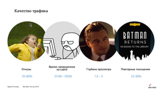 Digital Оттепель Red Keds, Россия, 2016
Повторные посещенияГлубина просмотра
Время, проведенное
на сайтеОтказы
Качество трафика
35-80% 01:00 - 03:00 1,5 - 4 25-50%
 