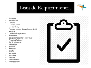 Lista de Requerimientos
• Transporte
• Alimentación
• Difusión
• Lugar del evento
• Merchandasing
• Recursos humano (Equipo Redken Chile)
• Modelos
• Capacitador especialista
• Ilumincación
• Equipo de Fotografïa y audiovisual
• Productos Redken
• Set de peluquería
• Banquetería
• Anfitrión
• Animador
• Diseño
• Maniquies
• Maquillaje
• Vestuario
• Financiamiento
• Premio concurso
 