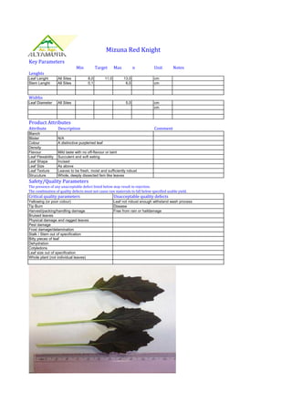 Mizuna Red Knight
Key Parameters
                               Min          Target        Max          n         Unit       Notes
Lenghts
Leaf Lenght        All Sites          8,0          11,0         13,0             cm
Stem Lenght        All Sites          0,1                        6,0             cm


Widths
Leaf Diameter      All Sites                                     5,0             cm
                                                                                 cm



Product Attributes
Attribute          Description                                                   Comment
Blanch
Blister            N/A
Colour             A distinctive purple/red leaf
Density
Flavour            Mild taste with no off-flavour or taint
Leaf Flexability   Succulent and soft eating
Leaf Shape         Incised
Leaf Size          As above
Leaf Texture       Leaves to be fresh, moist and sufficiently robust
Strucuture         Whole, deeply dissected fem like leaves
Safety/Quality Parameters
The presence of any unacceptable defect listed below may result in rejection.
The combination of quality defects must not cause raw materials to fall below specified usable yield.
Critical quality parameters                               Unacceptable quality defects
Yellowing (or poor colour)                                Leaf not robust enough withstand wash process
Tip Burn                                                  Disease
Harvest/packing/handling damage                           Free from rain or haildamage
Bruised leaves
Physical damage and ragged leaves
Pest damage
Frost damage/delamination
Stalk / Stem out of specification
Bitty pieces of leaf
Dehydration
Cotyledons
Leaf size out of specification
Whole plant (not individual leaves)
 