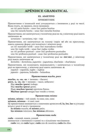 198
APÉNDICE GRAMATICAL
EL ADJETIVO
ПРИКМЕТНИК
Прикметники в іспанській мові узгоджуються з іменником у роді та числі.
Вони стоять, як правило, після іменників:
un (el) patio bonito – unos (los) patios bonitos
una (la) escuela bonita – unas (las) escuelas bonitas
Прикметники, які закінчуються у чоловічому роді на -о, у жіночому роді мають
закінчення -а:
ucraniano – ucraniana, rojo – roja
Прикметники, які закінчуються на голосну (окрім -о) або на приголосну,
мають однакову форму для чоловічого і жіночого роду:
un (el) marcador verde – unos (los) marcadores verdes
una (la) regla verde – unas (las) reglas verdes
un (el) profesor puntual – unos (los) profesores puntuales
una (la) profesora puntual – unas (las) profesoras puntuales
Прикметники, які закінчуються у чоловічому роді на -ón(-án), у жіночому
роді мають закінчення -а:
dormilón – dormilona, juguetón – juguetona, charlatán – charlatana
Прикметники, які позначають національність і закінчуються в чоловічому
роді на приголосну, у жіночому роді мають закінчення -а:
español – española, inglés – inglesa
japonés – japonesa, holandés – holandesa
Прикметники mucho, poco
mucho, -a, -os, -as + іменник – (багато)
poco, -a, -os, -os + іменник – (мало, небагато)
Hay mucho (poco) trabajo.
Hay mucha (poca) gente.
Hago muchos (pocos) ejercicios físicos.
Muchas (pocas) amigas han venido a verme.
Прикметник mismo
mismo, misma – той самий, та сама; сам, сама
mismos, mismas – ті самі; самі
Ці прикметники вживаються з означеним артиклем el, la, los, las та узгоджу-
ються у роді й числі з іменником:
la misma escuela; el mismo patio;
los mismos intereses; las mismas aﬁciones.
Прикметник cada
cada – кожний, кожен, усякий
вживається з іменником в однині та з кількісним числівником:
cada vez; en cada lugar; cada uno de nosotros; cada dos días.
 