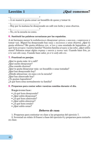 80
Lección 1 ¿Qué comemos?
– ¿ ?
– A mi mamá le gusta cenar un bocadillo de queso y tomar té.
– ¿ ?
– Hoy por la mañana he desayunado un café con leche y unos churros.
– ¿ ?
– No, en la escuela no como.
6. Sustituid las palabras ucranianas por las españolas.
A mi hermano menor le подобається desayunar грінки з маслом, з варенням y
tomar чай. Miguel ha desayunado hoy каву з молоком y unos churros. ¿Qué te
gusta обідати? Me gusta обідати суп, м’ясо y una ensalada de legumbres. ¿A
qué hora вечеряє vuestra familia? Nuestra familia вечеряє a las ocho. ¿Qué soléis
cenar? Solemos cenar algún страву з овочів y пити чай. Cuando hace frío, yo
п’ю чай або каву. Cuando hace calor, уо п’ю воду або сік.
7. Practicad en parejas.
¿Qué te gusta más: té o café?
¿Qué sueles desayunar?
¿Has comido churros?
¿Qué te gusta desayunar más: un bocadillo o unas tostadas?
¿Qué has desayunado hoy?
¿Dónde almuerzas: en casa o en la escuela?
¿Qué has almorzado hoy?
¿Te gustan legumbres?
¿A qué hora cena normalmente tu familia?
8. Preparaos para contar sobre vuestras comidas durante el día.
S u g e r e n c i a s :
¿A qué hora desayunáis?
¿Qué soléis desayunar?
¿A qué hora almorzáis?
¿Qué soléis almorzar?
¿A qué hora cenáis?
¿Qué soléis cenar?
Deberes de casa
1. Preparaos para contestar en clase a las preguntas del ejercicio 7.
2. Inventad un relato (8 frases) a base del ejercicio 8 y preparaos para contarlo
en clase.
 