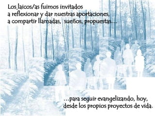 Los laicos/as fuimos invitados
a reflexionar y dar nuestras aportaciones,
a compartir llamadas, sueños, propuestas…

…para seguir evangelizando, hoy,
desde los propios proyectos de vida.

 