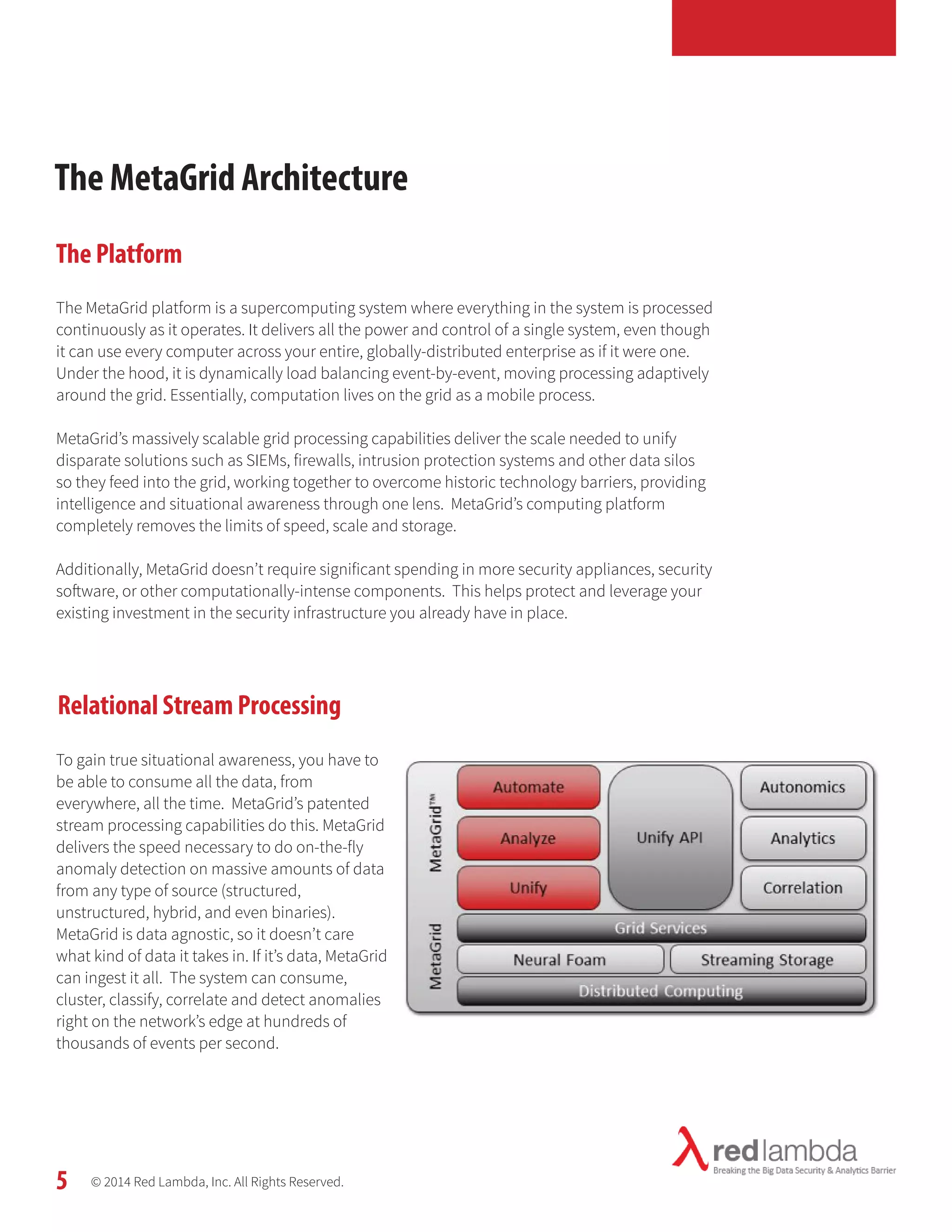 The MetaGrid Architecture 
The Platform 
The MetaGrid platform is a supercomputing system where everything in the system is processed 
continuously as it operates. It delivers all the power and control of a single system, even though 
it can use every computer across your entire, globally-distributed enterprise as if it were one. 
Under the hood, it is dynamically load balancing event-by-event, moving processing adaptively 
around the grid. Essentially, computation lives on the grid as a mobile process. 
MetaGrid’s massively scalable grid processing capabilities deliver the scale needed to unify 
disparate solutions such as SIEMs, firewalls, intrusion protection systems and other data silos 
so they feed into the grid, working together to overcome historic technology barriers, providing 
intelligence and situational awareness through one lens. MetaGrid’s computing platform 
completely removes the limits of speed, scale and storage. 
Additionally, MetaGrid doesn’t require significant spending in more security appliances, security 
soft ware, or other computationally-intense components. This helps protect and leverage your 
existing investment in the security infrastructure you already have in place. 
Relational Stream Processing 
To gain true situational awareness, you have to 
be able to consume all the data, from 
everywhere, all the time. MetaGrid’s patented 
stream processing capabilities do this. MetaGrid 
delivers the speed necessary to do on-the-fly 
anomaly detection on massive amounts of data 
from any type of source (structured, 
unstructured, hybrid, and even binaries). 
MetaGrid is data agnostic, so it doesn’t care 
what kind of data it takes in. If it’s data, MetaGrid 
can ingest it all. The system can consume, 
cluster, classify, correlate and detect anomalies 
right on the network’s edge at hundreds of 
thousands of events per second. 
© 2014 Red Lambda, Inc. All Rights Reserved. 
5 
 