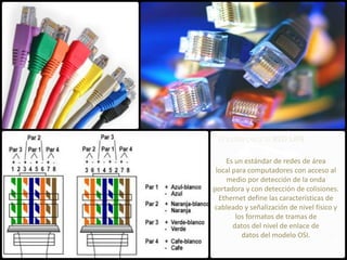 El cable para la RED LAN
Ethernet:
Es un estándar de redes de área
local para computadores con acceso al
medio por detección de la onda
portadora y con detección de colisiones.
Ethernet define las características de
cableado y señalización de nivel físico y
los formatos de tramas de
datos del nivel de enlace de
datos del modelo OSI.
 