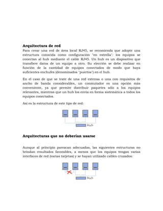 Arquitectura de red
Para crear una red de área local RJ45, se recomienda que adopte una
estructura conocida como configuración "en estrella": los equipos se
conectan al hub mediante el cable RJ45. Un hub es un dispositivo que
transfiere datos de un equipo a otro. Su elección se debe realizar en
función de la cantidad de equipos conectados de modo que haya
suficientes enchufes (denominados "puertos") en el hub.

En el caso de que se trate de una red extensa o una con requisitos de
ancho de banda considerables, un conmutador es una opción más
conveniente, ya que permite distribuir paquetes sólo a los equipos
relevantes, mientras que un hub los envía en forma sistemática a todos los
equipos conectados.

Así es la estructura de este tipo de red:




Arquitecturas que no deberían usarse


Aunque al principio parezcan adecuadas, las siguientes estructuras no
brindan resultados favorables, a menos que los equipos tengan varias
interfaces de red (varias tarjetas) y se hayan utilizado cables cruzados:
 