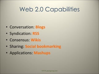 Web 2.0 Capabilities Conversation:  Blogs Syndication:  RSS Consensus:  Wikis Sharing:  Social bookmarking Applications:  Mashups WWW .peergroup.net 