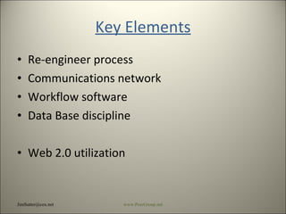 Key Elements Re-engineer process Communications network Workflow software Data Base discipline Web 2.0 utilization [email_address] www.PeerGroup.net 