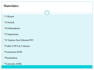 Materiales:
*1 Router
*2 Switch
*4 Ordenadores
*2 Impresoras
*4 Trajetas Fast Ethernet PCI
*Cable UTP Cat 5 directo
*Conectores RJ45
*Ponchadora
*Conexión ADSL
 