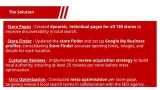 The Solution
01
· Store Pages - Created dynamic, individual pages for all 120 stores to
improve discoverability in local search.
· Store Finder - Updated the store finder and set up Google My Business
profiles, consolidating Store Finder accurate opening times, images, and
details for each location.
· Customer Reviews - Implemented a review acquisition strategy to build
local authority, ensuring at least 25 reviews per store before meta
optimisation.
· Meta Optimization - Conducted meta optimisation per store page,
targeting relevant local search terms in collaboration with the SEO agency.
 