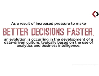 As a result of increased pressure to make
better decisions faster,
an evolution is occurring in the development of a
data-driven culture, typically based on the use of
analytics and business intelligence.
The Evolution of Decision Making: How Leading Organizations Are Adopting a Data-Driven Culture, HBR Analytic Services, 2012
 