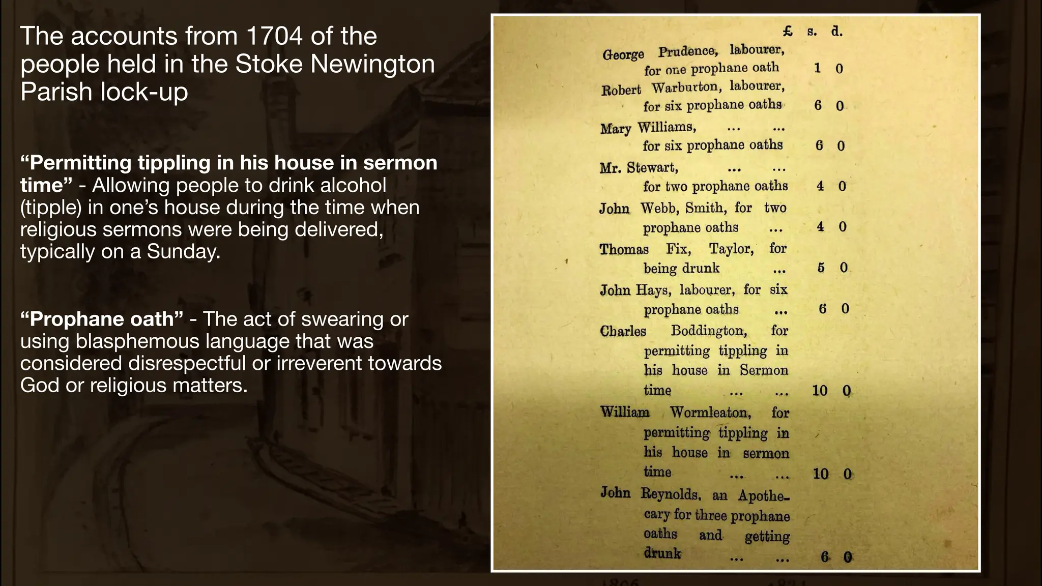 The accounts from 1704 of the
people held in the Stoke Newington
Parish lock-up
“Permitting tippling in his house in sermon
time” - Allowing people to drink alcohol
(tipple) in one’s house during the time when
religious sermons were being delivered,
typically on a Sunday.
“Prophane oath” - The act of swearing or
using blasphemous language that was
considered disrespectful or irreverent towards
God or religious matters.
 