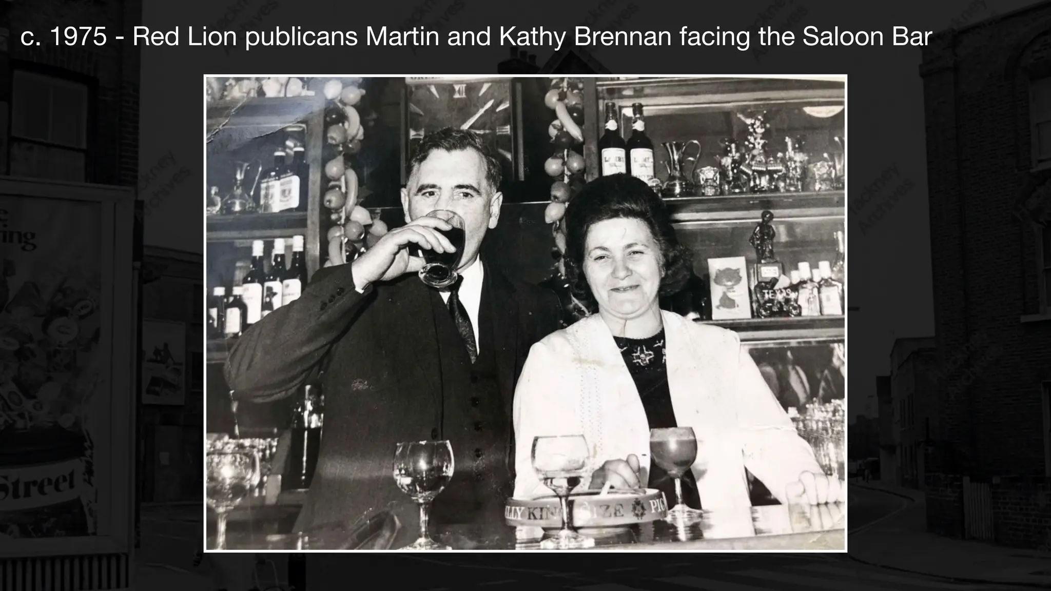 c. 1975 - Red Lion publicans Martin and Kathy Brennan facing the Saloon Bar
 