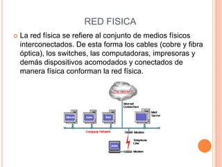 RED FISICALa red física se refiere al conjunto de medios físicos interconectados. De esta forma los cables (cobre y fibra óptica), los switches, las computadoras, impresoras y demás dispositivos acomodados y conectados de manera física conforman la red física.