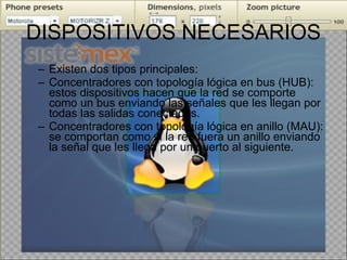 DISPOSITIVOS NECESARIOS Existen dos tipos principales: Concentradores con topología lógica en bus (HUB): estos dispositivos hacen que la red se comporte como un bus enviando las señales que les llegan por todas las salidas conectadas. Concentradores con topología lógica en anillo (MAU): se comportan como si la red fuera un anillo enviando la señal que les llega por un puerto al siguiente. 