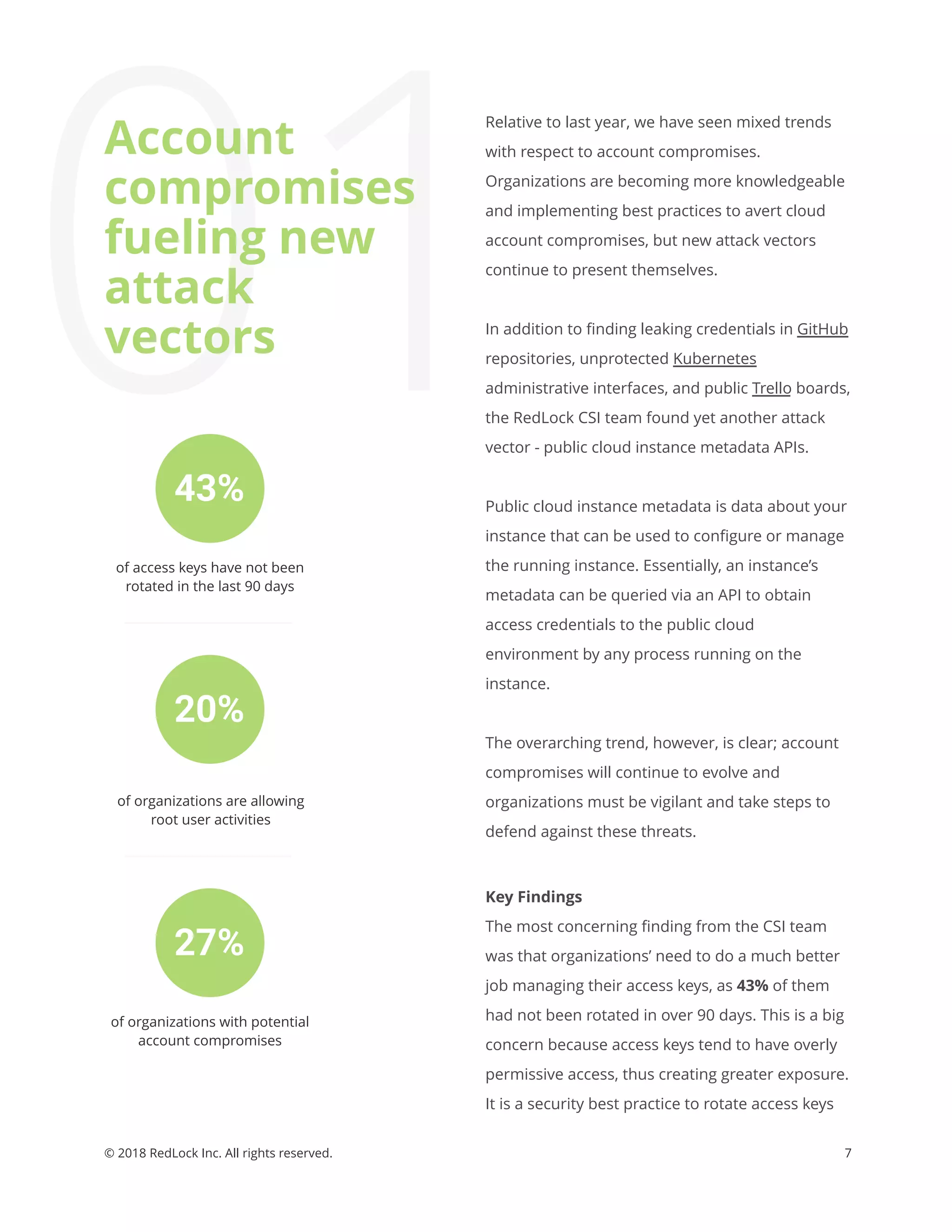 01
7© 2018 RedLock Inc. All rights reserved.
Account
compromises
fueling new
attack
vectors
43%
20%
27%
of access keys have not been
rotated in the last 90 days
of organizations are allowing
root user activities
of organizations with potential
account compromises
Relative to last year, we have seen mixed trends
with respect to account compromises.
Organizations are becoming more knowledgeable
and implementing best practices to avert cloud
account compromises, but new attack vectors
continue to present themselves.
In addition to ﬁnding leaking credentials in GitHub
repositories, unprotected Kubernetes
administrative interfaces, and public Trello boards,
the RedLock CSI team found yet another attack
vector - public cloud instance metadata APIs.
Public cloud instance metadata is data about your
instance that can be used to conﬁgure or manage
the running instance. Essentially, an instance’s
metadata can be queried via an API to obtain
access credentials to the public cloud
environment by any process running on the
instance.
The overarching trend, however, is clear; account
compromises will continue to evolve and
organizations must be vigilant and take steps to
defend against these threats.
Key Findings
The most concerning ﬁnding from the CSI team
was that organizations’ need to do a much better
job managing their access keys, as 43% of them
had not been rotated in over 90 days. This is a big
concern because access keys tend to have overly
permissive access, thus creating greater exposure.
It is a security best practice to rotate access keys
 