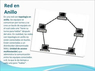 Red en Anillo En una red con  topología en anillo , los equipos se comunican por turnos y se crea un bucle de equipos en el cual cada uno "tiene su turno para hablar" después del otro. En realidad, las redes con topología en anillo no están conectadas en bucles. Están conectadas a un distribuidor (denominado MAU,  Unidad de acceso multiestación ) que administra la comunicación entre los equipos conectados a él, lo que le da tiempo a cada uno para "hablar".  