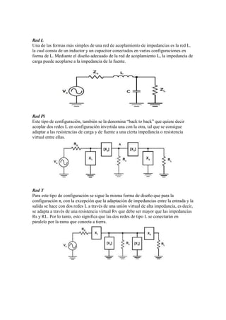Red L
Una de las formas más simples de una red de acoplamiento de impedancias es la red L,
la cual consta de un inductor y un capacitor conectados en varias configuraciones en
forma de L. Mediante el diseño adecuado de la red de acoplamiento L, la impedancia de
carga puede acoplarse a la impedancia de la fuente.
Red Pi
Este tipo de configuración, también se la denomina “back to back” que quiere decir
acoplar dos redes L en configuración invertida una con la otra, tal que se consigue
adaptar a las resistencias de carga y de fuente a una cierta impedancia o resistencia
virtual entre ellas.
Red T
Para este tipo de configuración se sigue la misma forma de diseño que para la
configuración π, con la excepción que la adaptación de impedancias entre la entrada y la
salida se hace con dos redes L a través de una unión virtual de alta impedancia, es decir,
se adapta a través de una resistencia virtual Rv que debe ser mayor que las impedancias
Rs y RL. Por lo tanto, esto significa que las dos redes de tipo L se conectarán en
paralelo por la rama que conecta a tierra.
 
