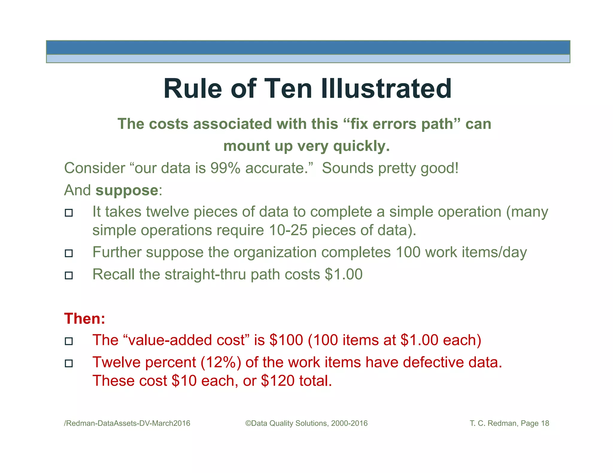 Rule of Ten Illustrated
The costs associated with this “fix errors path” can
mount up very quickly.
Consider “our data is 99% accurate.” Sounds pretty good!
And suppose:
!  It takes twelve pieces of data to complete a simple operation (many
simple operations require 10-25 pieces of data).
!  Further suppose the organization completes 100 work items/day
!  Recall the straight-thru path costs $1.00
Then:
!  The “value-added cost” is $100 (100 items at $1.00 each)
!  Twelve percent (12%) of the work items have defective data.
These cost $10 each, or $120 total.
/Redman-DataAssets-DV-March2016 ©Data Quality Solutions, 2000-2016 T. C. Redman, Page 18
 