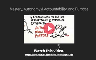 Mastery, Autonomy & Accountability, and Purpose
Watch this video.
https://www.youtube.com/watch?v=wdzHgN7_Hs8
 