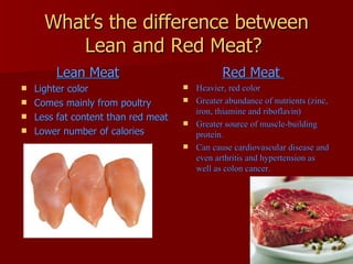 What’s the difference between
        Lean and Red Meat?
       Lean Meat                             Red Meat
 Lighter color                     Heavier, red color
 Comes mainly from poultry         Greater abundance of nutrients (zinc,
                                     iron, thiamine and riboflavin)
 Less fat content than red meat
                                    Greater source of muscle-building
 Lower number of calories
                                     protein.
                                    Can cause cardiovascular disease and
                                     even arthritis and hypertension as
                                     well as colon cancer.
 