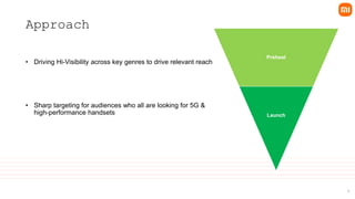 4
Approach
• Driving Hi-Visibility across key genres to drive relevant reach
• Sharp targeting for audiences who all are looking for 5G &
high-performance handsets
Preheat
Launch
 
