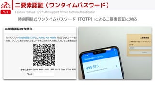 二要素認証（ワンタイムパスワード）
Feature redmine-1237: Add support for two-factor authentication1.2
 