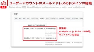 ユーザーアカウントのメールアドレスのドメインの制限
Feature redmine-3369: Allowed/Disallowed email domains settings to restrict users' email addresses
設定例：
example.co.jp ドメインのみ可。
サブドメインは禁止
1.1
 