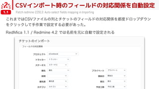 CSVインポート時のフィールドの対応関係を自動設定
Patch redmine-22913: Auto-select fields mapping in Importing1.1
 