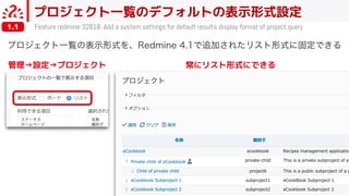プロジェクト一覧のデフォルトの表示形式設定
Feature redmine-32818: Add a system settings for default results display format of project query
管理→設定→プロジェクト 常にリスト形式にできる
1.1
 