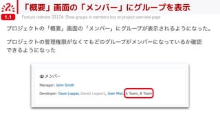 「概要」画面の「メンバー」にグループを表示
Feature redmine-33174: Show groups in members box on project overview page1.1
 