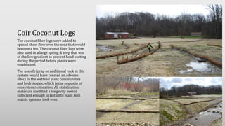 Coir Coconut Logs
The coconut fiber logs were added to
spread sheet flow over the area that would
become a fen. The coconut fiber logs were
also used in a large spring & seep that was
of shallow gradient to prevent head-cutting
during the period before plants were
established.
The use of riprap or additional rock in this
system would have created an adverse
affect to the wetland plant communities
and hydrologies, which is the opposite of
ecosystem restoration. All stabilization
materials used had a longevity period
sufficient enough to last until plant root
matrix systems took over.
 