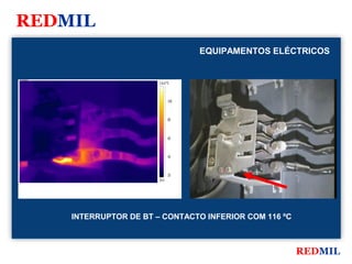 REDMIL
                                               EQUIPAMENTOS ELÉCTRICOS


FLIR Systems


                                  116.0 °C



                                         100



                                         80



                                         60



                                         40



                                         20
                                  18.0




               INTERRUPTOR DE BT – CONTACTO INFERIOR COM 116 ºC



                                                                  REDMIL
 