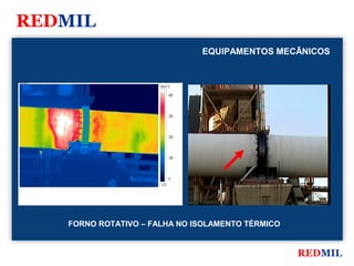 REDMIL
                                                EQUIPAMENTOS MECÂNICOS


FLIR Systems


                                  426.0 °C

                                          400




                                          300




                                          200




                                          100




                                          0
                                  -13.0




               FORNO ROTATIVO – FALHA NO ISOLAMENTO TÉRMICO


                                                                REDMIL
 