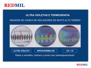 REDMIL

             ULTRA VIOLETAS E TERMOGRAFIA
 IMAGENS DE CADEIA DE ISOLADORES DE MUITO ALTA TENSÃO




   ULTRA VIOLETA       INFRAVERMELHO              UV + IV

    Setas a vermelho, indicam o ponto com sobreaquecimento



                                                             REDMIL
 