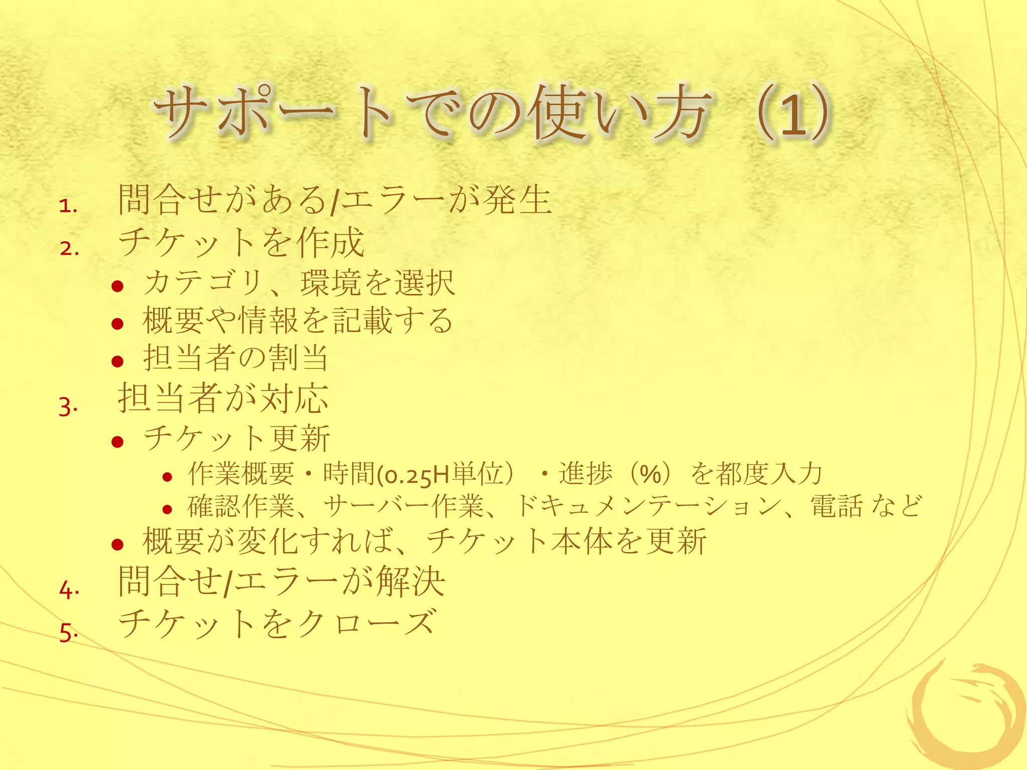 サポートでの使い方（1）
1.   問合せがある/エラーが発生
2.   チケットを作成
        カテゴリ、環境を選択
        概要や情報を記載する
        担当者の割当
3.   担当者が対応
        チケット更新
            作業概要・時間(0.25H単位）・進捗（%）を都度入力
            確認作業、サーバー作業、ドキュメンテーション、電話 など
        概要が変化すれば、チケット本体を更新
4.   問合せ/エラーが解決
5.   チケットをクローズ
 