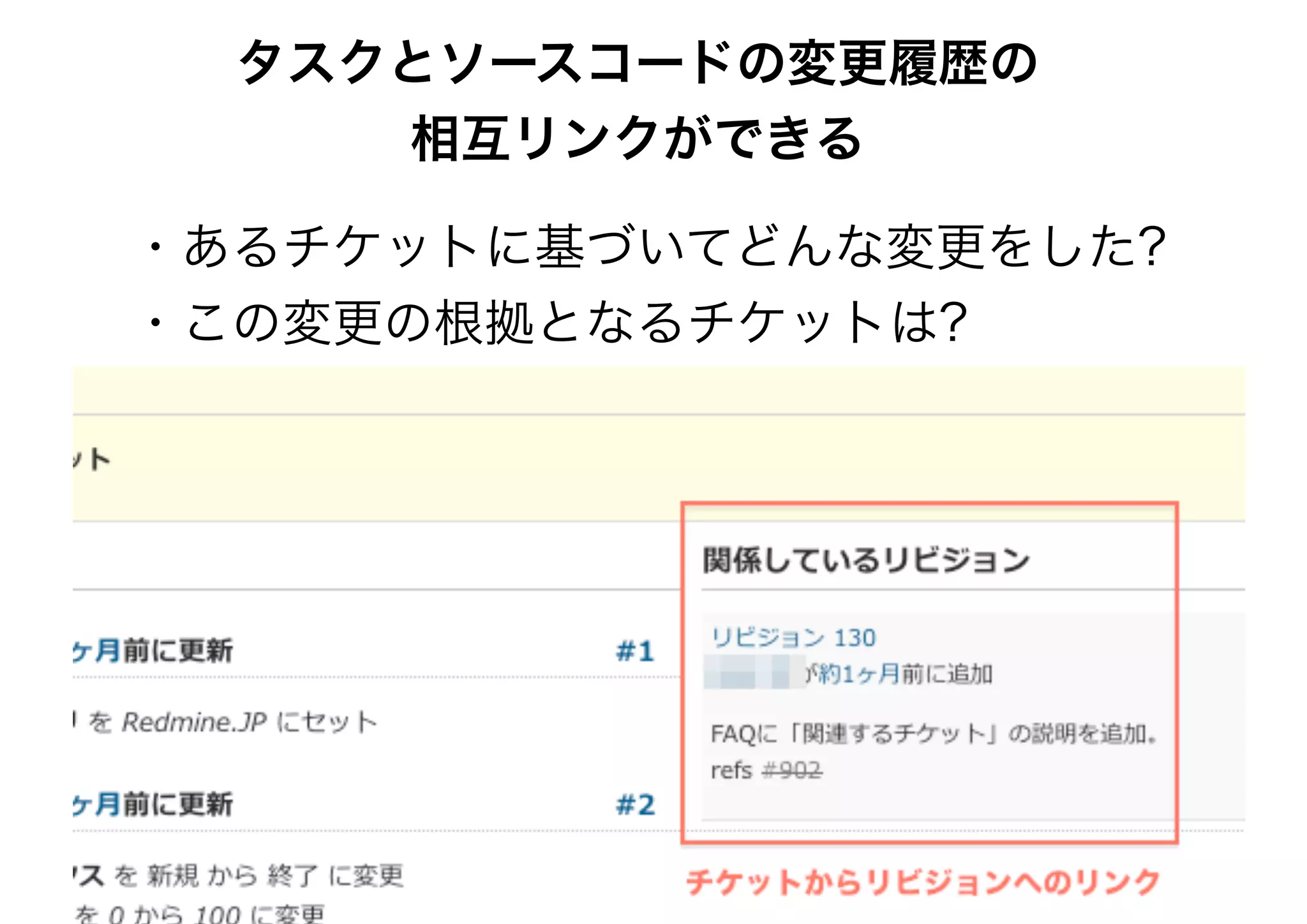 タスクとソースコードの変更履歴の
相互リンクができる
・あるチケットに基づいてどんな変更をした?
・この変更の根拠となるチケットは?
 