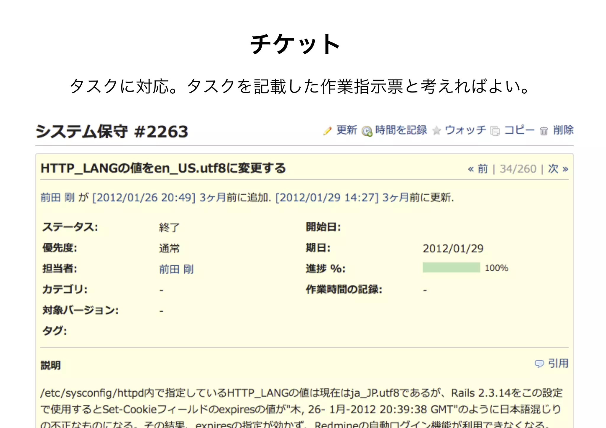 チケット
タスクに対応。タスクを記載した作業指示票と考えればよい。
 
