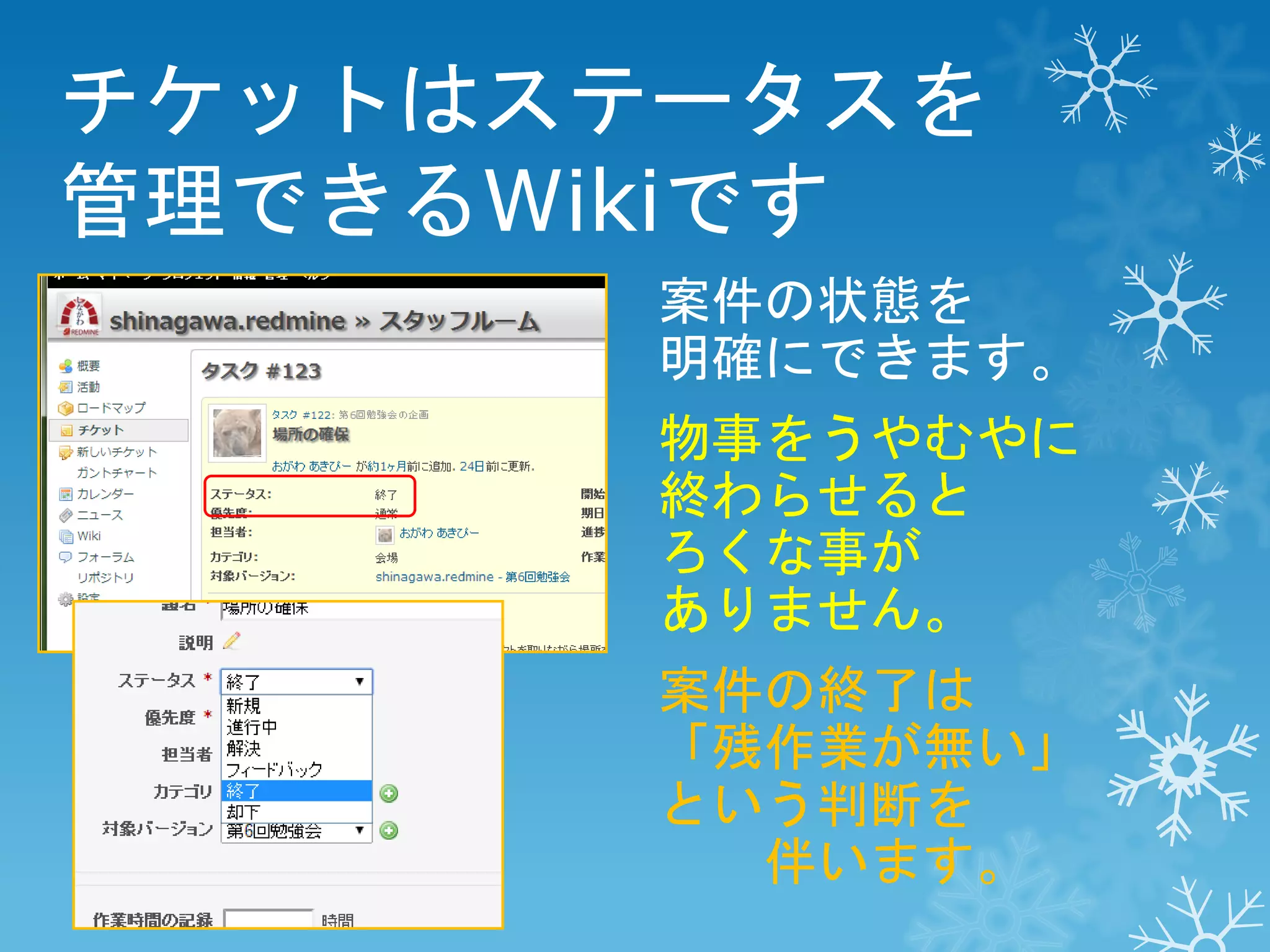 チケットはステータスを
管理できるWikiです
案件の状態を
明確にできます。
物事をうやむやに
終わらせると
ろくな事が
ありません。
案件の終了は
「残作業が無い」
という判断を
伴います。

 