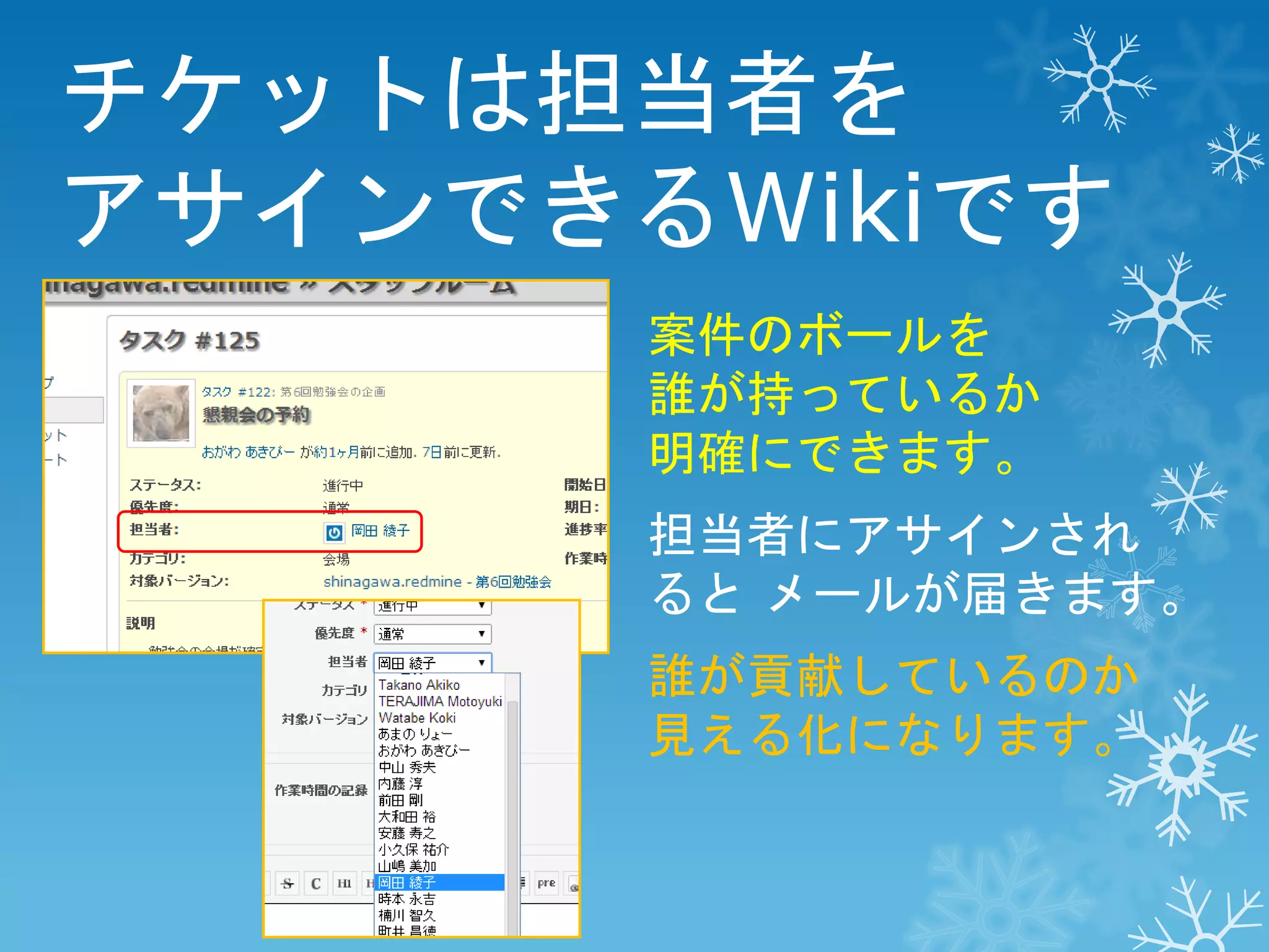 チケットは担当者を
アサインできるWikiです
案件のボールを
誰が持っているか
明確にできます。
担当者にアサインされ
ると メールが届きます。
誰が貢献しているのか
見える化になります。

 