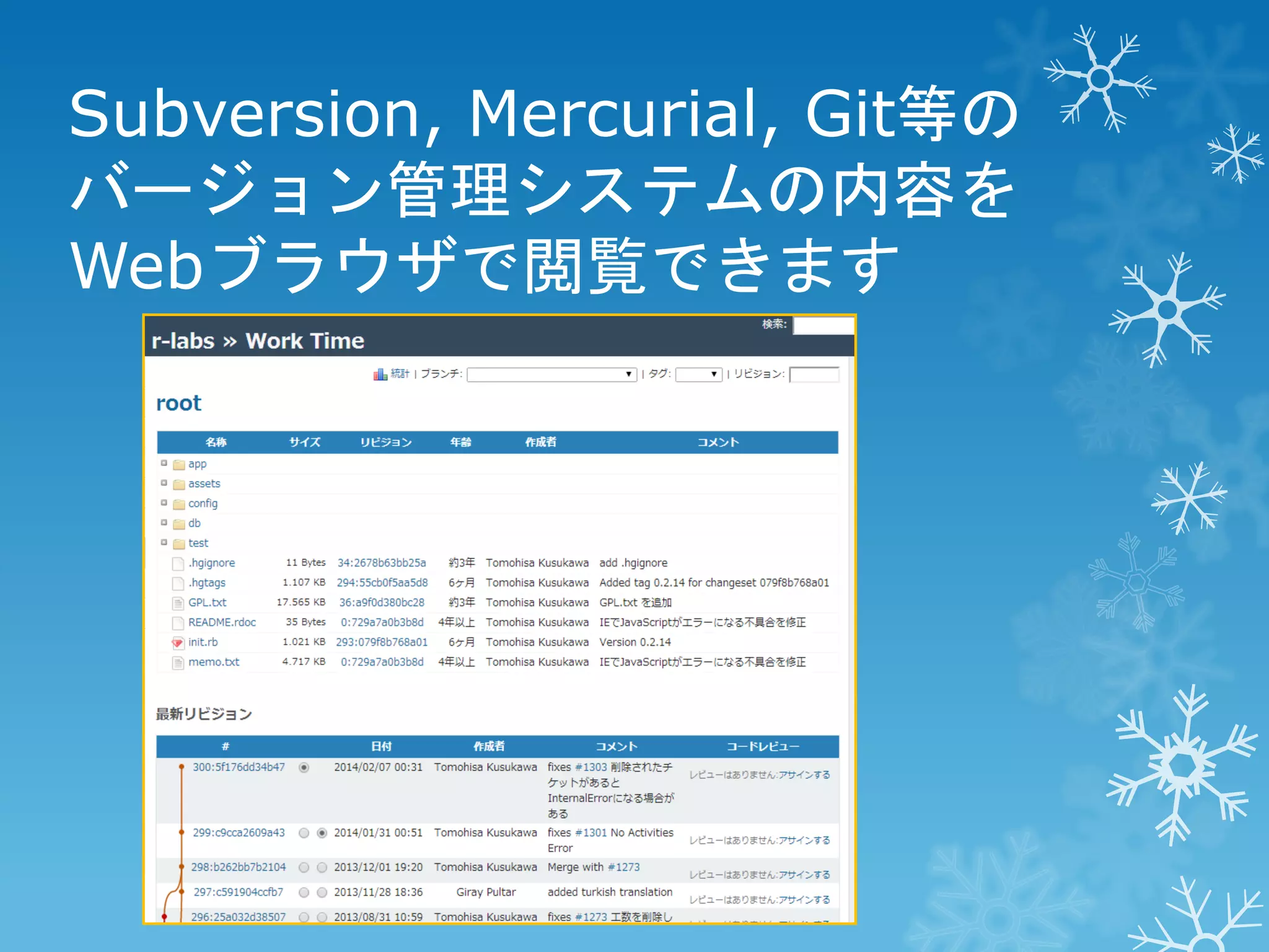 Subversion, Mercurial, Git等の
バージョン管理システムの内容を
Webブラウザで閲覧できます

 