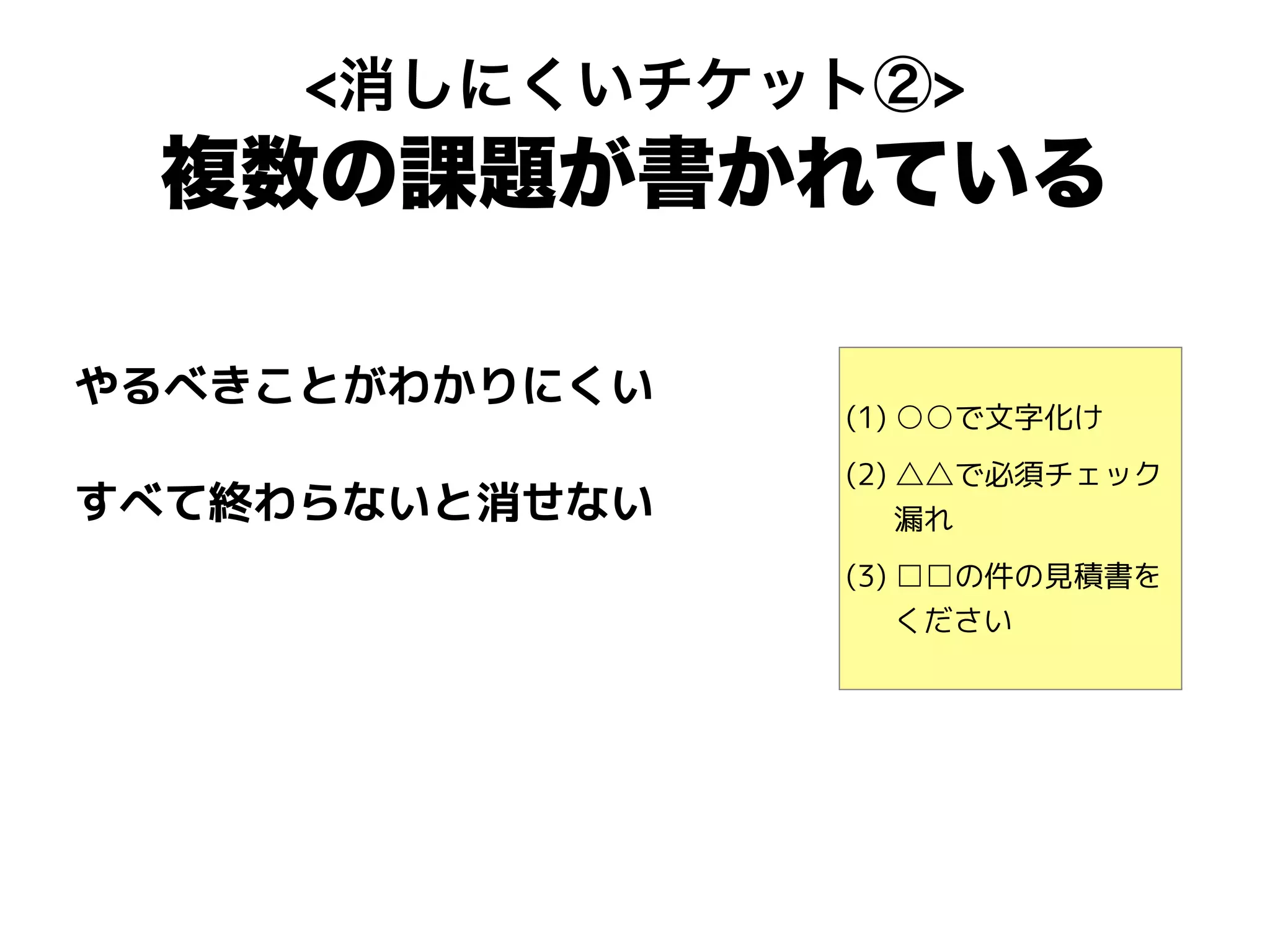 (1) ○○で文字化け
(2) △△で必須チェック
漏れ
(3) □□の件の見積書を
ください
<消しにくいチケット②>
複数の課題が書かれている
やるべきことがわかりにくい
すべて終わらないと消せない
 