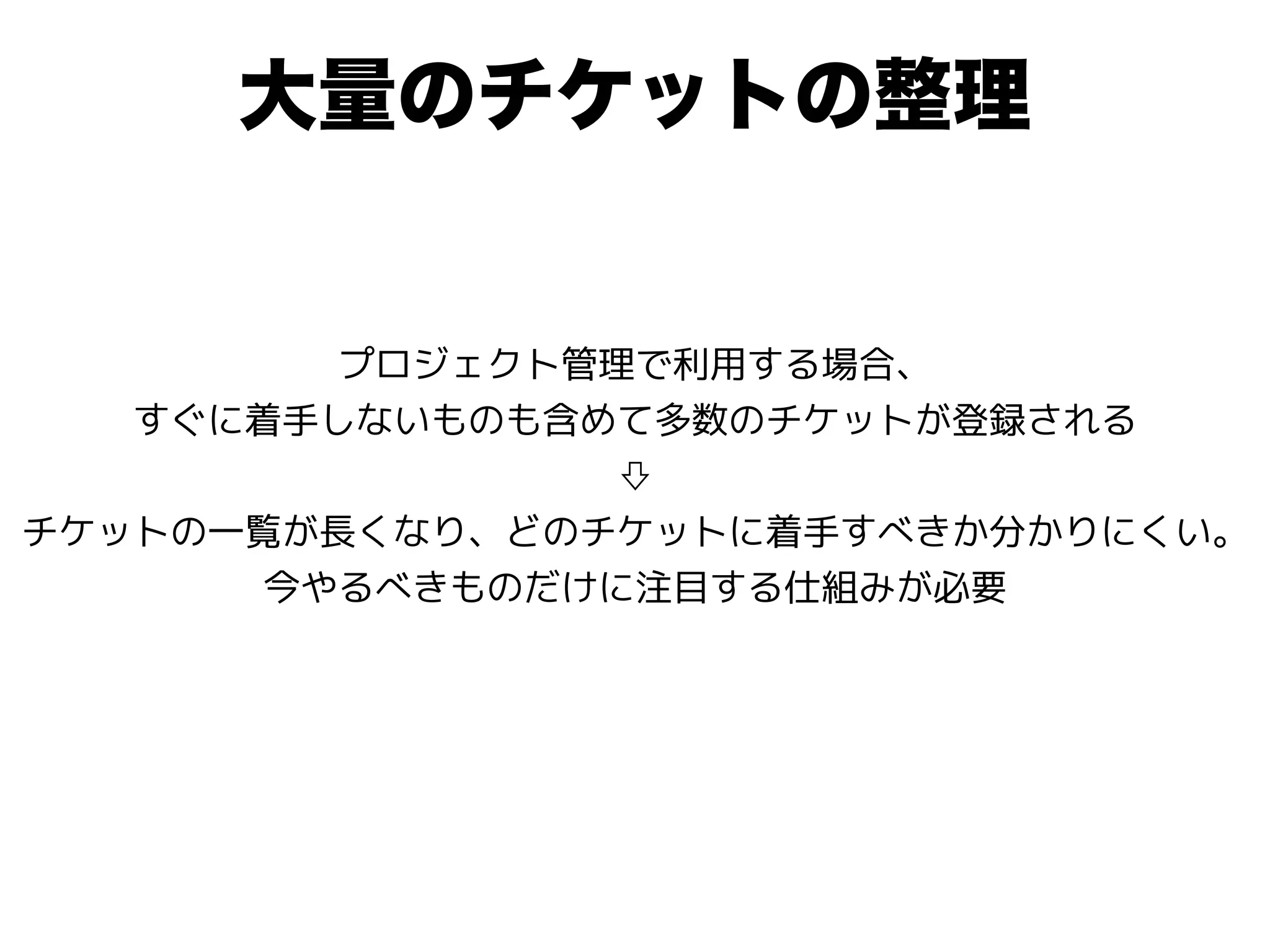 大量のチケットの整理
プロジェクト管理で利用する場合、
すぐに着手しないものも含めて多数のチケットが登録される
⇩
チケットの一覧が長くなり、どのチケットに着手すべきか分かりにくい。
今やるべきものだけに注目する仕組みが必要
 